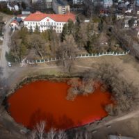 В Литве воду в пруду возле российского посольства покрасили в кровавый цвет