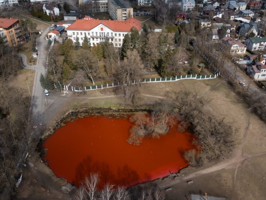 В Литве воду в пруду возле российского посольства покрасили в кровавый цвет